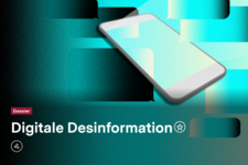 Das Bild zeigt die Überschrift "Digitale Desinformation" auf einem blau-grünen Hintergrund mit einem Mobiltelefon