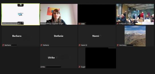 Screenshot der Videokonferenz vom DigitalBrezelfrühstück. Neben dem Treffpunkt in Stuttgart sieht man, dass noch weitere Teilnehmende digital dazugeschaltet sind.